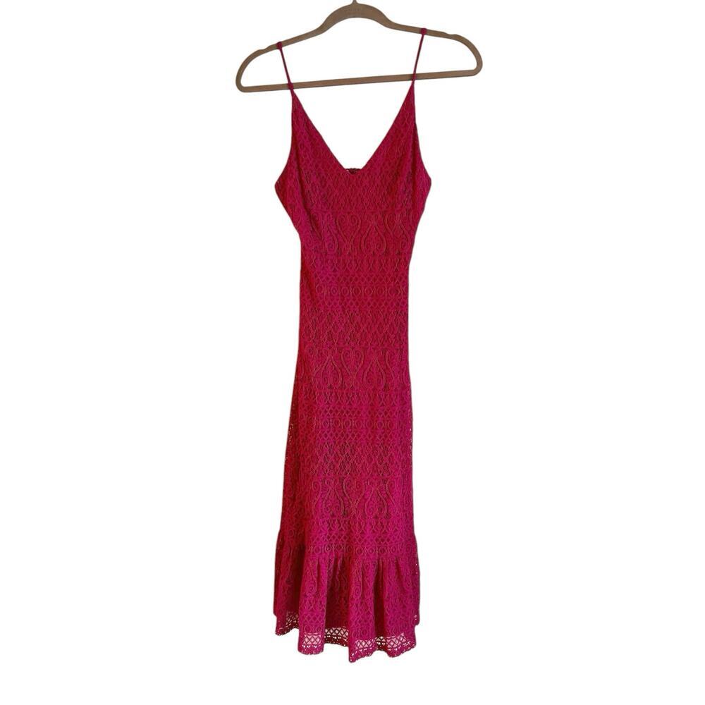 Lulus Happy Glow Lucky Magenta Lace Midi Dress Size XS V Neck Straps NWT